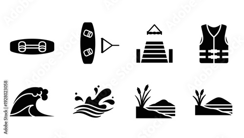 set of eight black silhouette icons for wakeboarding cable park including board ramp vest waves and water splashes