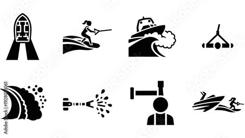 set of black water sports and boating activity icons in simple silhouette style