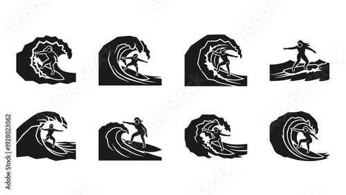 set of hand drawn black silhouette surfer riding wave icons collection