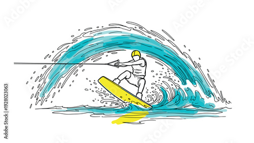 water skier riding wave with hand drawn outline and watercolor style for sports and summer activity