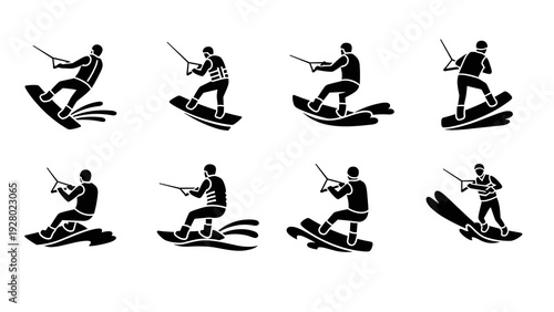 set of eight wakeboarding silhouettes in black flat style active water sports collection