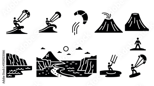 kitesurfing and volcano black silhouette icons set with landscape and ocean cliff scenes hand drawn