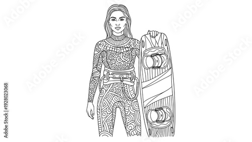 woman in patterned wetsuit holding wakeboard hand drawn black and white line art illustration
