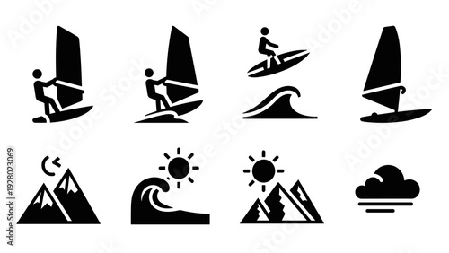 wind surfing and nature icons set in black silhouette style including mountains waves sun and clouds