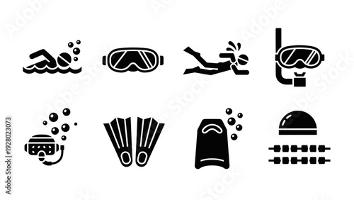 set of diving and snorkeling icons with masks fins flippers and swimmer in black silhouette style