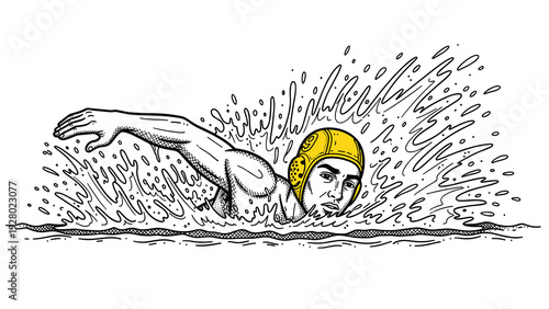 male water polo player swimming in water wearing yellow cap hand drawn illustration