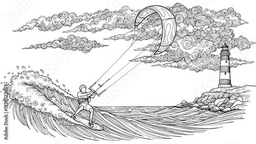 kite surfer riding wave near lighthouse with detailed hand drawn swirling clouds and ocean lines