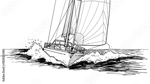 sailboat with sails catching wind sailing on the sea hand drawn line art illustration