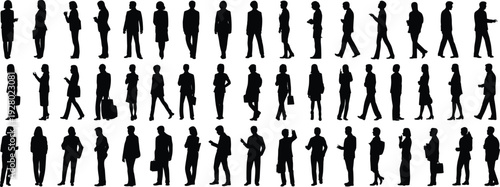 Business people silhouettes collection, men and women standing, walking and using smartphones with briefcases, isolated on white background, corporate professionals vector set.