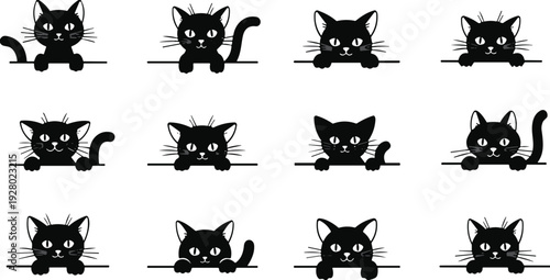 Cute black cat silhouette set featuring funny kitten peeking over border for pet lover decor, web design, and animal stickers