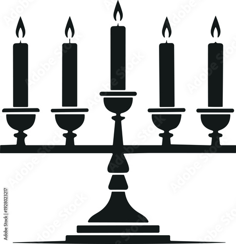 Black silhouette of traditional five candle menorah candlestick for religious celebration, holiday decor, spiritual ceremony, and classic vintage interior design