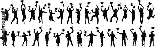 Celebrating winners silhouette collection with business people holding trophies and jumping in success poses isolated on white background for achievement and victory concept.
