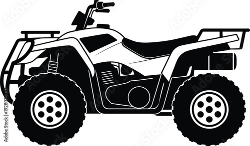 Detailed ATV quad bike silhouette side view illustration isolated on white background, all terrain off road vehicle icon for transport and motorsport design.