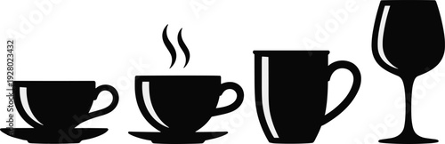 Drinkware silhouette set with coffee cups mug and wine glass isolated on white background black vector illustration collection