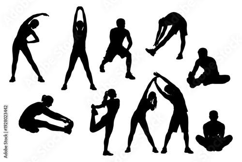 Silhouettes of diverse individuals performing stretching exercises.