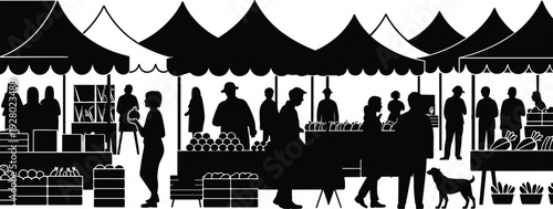 Farmers market silhouette scene with people shopping at outdoor food stalls and fresh produce stands isolated on white background black vector illustration