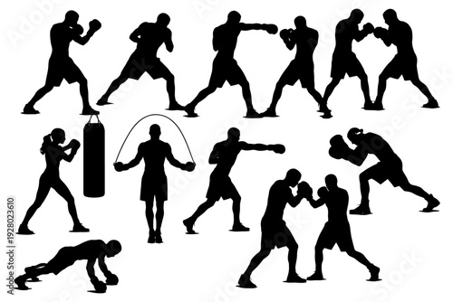 Silhouette boxing workout poses: male and female athletes in action.