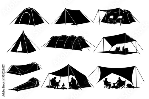 Silhouette collection of various tents and camping setups.