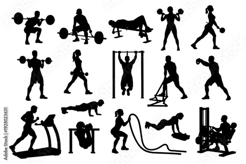 Silhouettes of diverse people performing various gym exercises.