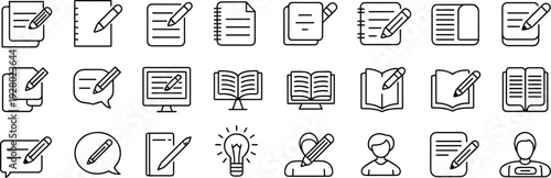 Mega line icon set featuring restaurant service, food snacks, mobile technology, public transport, real estate finance, and education writing symbols.