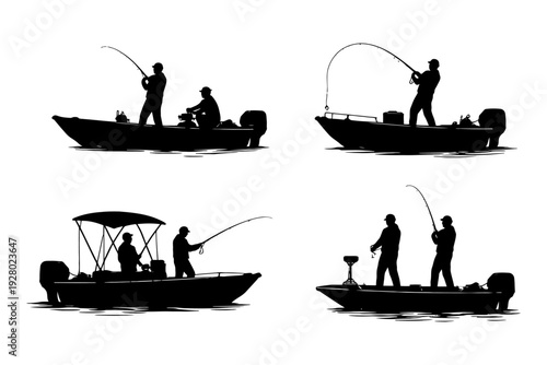Silhouette of people fishing on boats in various poses.