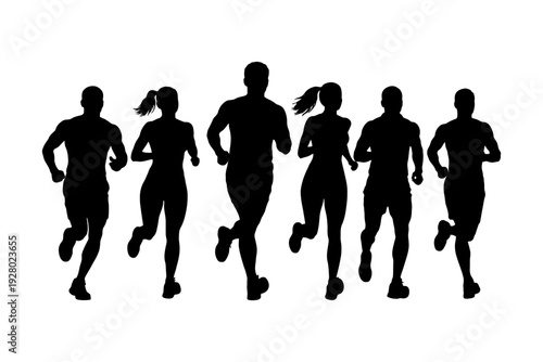 Silhouette of diverse runners in motion.