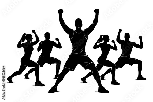 Silhouette group fitness class with diverse adults exercising energetically.