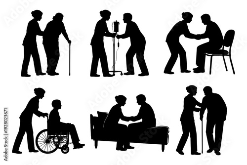 Silhouette scenes of elderly care with medical professionals.