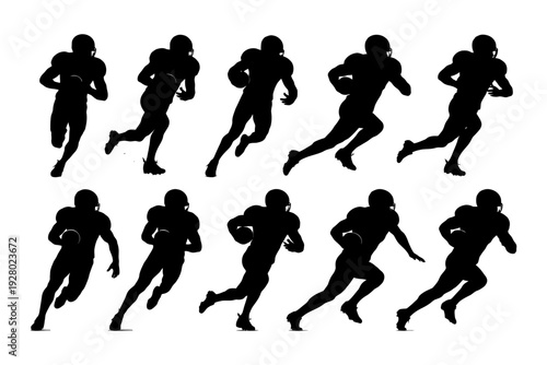 Dynamic silhouettes of male american football players in motion.