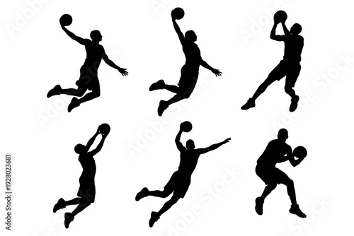 Silhouettes of male basketball players dunking in action poses.