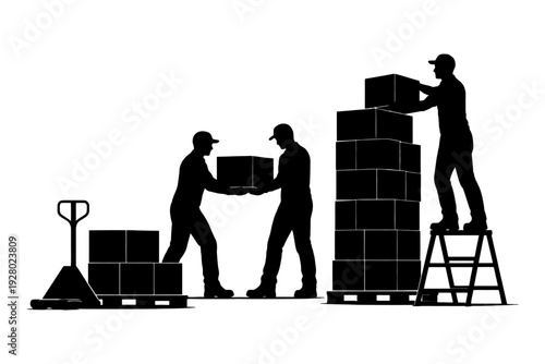 Silhouettes of workers moving boxes in warehouse scene.