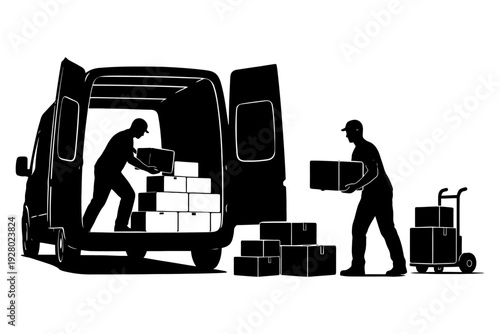 Silhouette of delivery workers loading boxes into van with cart.