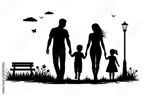 Silhouette of family walking outdoors with children near park bench.