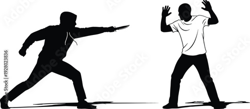 Armed Robbery Silhouette with Attacker Threatening Victim at Knife Point, Violent Crime and Personal Safety Concept Vector Illustration