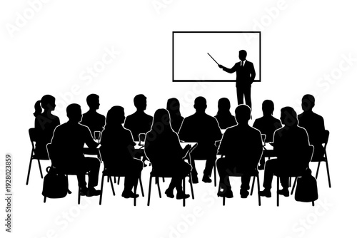 Silhouette of coeducational adult classroom with male lecturer.