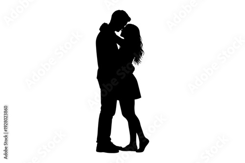 Silhouette of young caucasian couple embracing in romantic pose on white background.