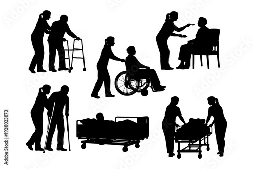 Silhouette of healthcare professionals assisting elderly patients with mobility and care tasks.