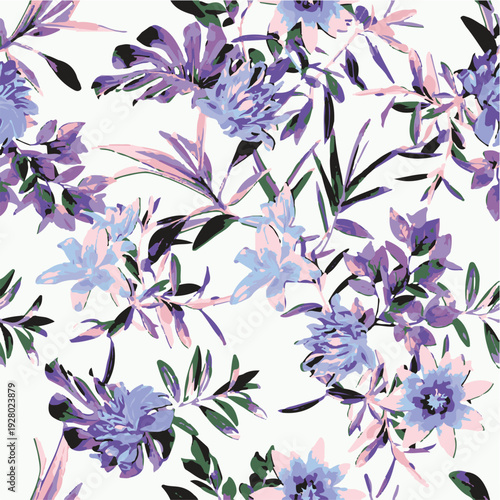 botanic seamless pattern with exotic flowers and leaves, hand drawn background. floral pattern. Tile with tropical leaf