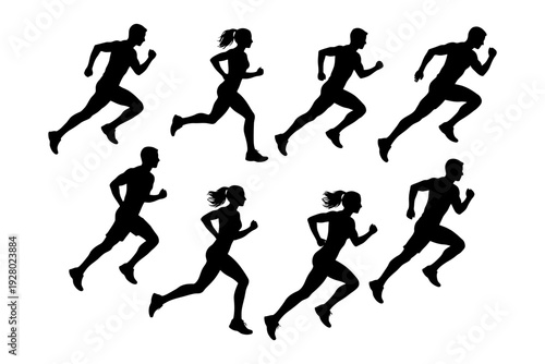 Silhouettes of male and female runners in motion.