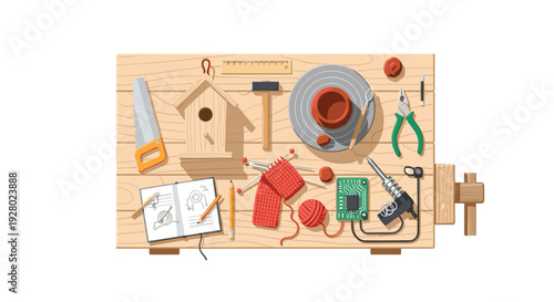 Overhead view of wooden workbench with craft tools and projects.
