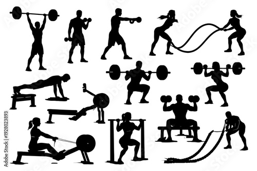 Silhouettes of fitness exercises with male and female adults using various equipment.