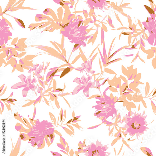 botanic seamless pattern with exotic flowers and leaves, hand drawn background. floral pattern. Tile with tropical leaf