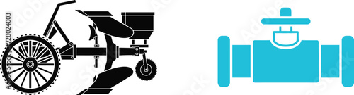 Agricultural Seeder Machine and Industrial Valve Icon Set, Farming Equipment and Pipeline Control Vector Illustration Collection