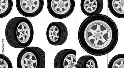 Seamless Car Tire Pattern with Alloy Wheel Rims, Automotive Transport Background Texture for Garage and Auto Service Design