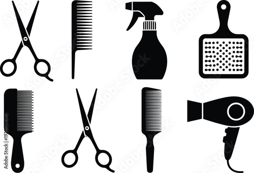 Professional hair salon and barber tool icons set isolated on white background, hairdressing equipment scissors combs and hairdryer vector illustration