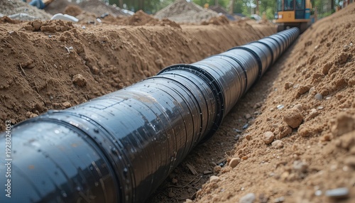 Wallpaper Mural A large black pipe lies in a deep trench on a construction site with a yellow excavator in the background. Torontodigital.ca