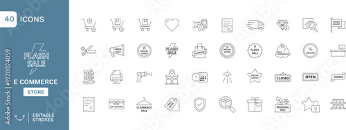 Flash Sale & E-Commerce Line Icons Set – 40 Editable Stroke Outline Icons for Online Shopping, Discount Offers, Retail Store, Promotion Badges and Marketplace UI Design