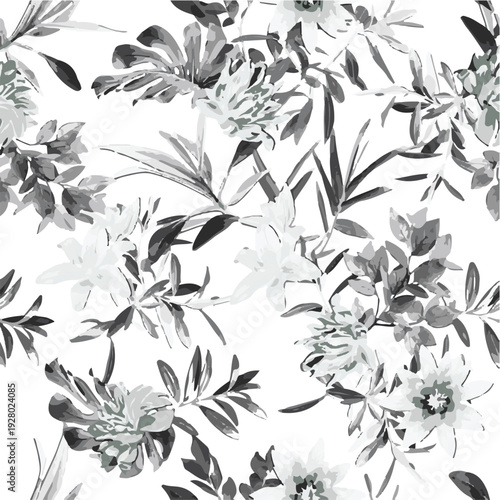 botanic seamless pattern with exotic flowers and leaves, hand drawn background. floral pattern. Tile with tropical leaf