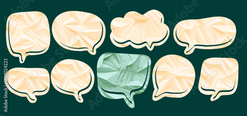 Speech paper bubble balloon chat comic text speak box sticker. Frame crumpled dialogue drawn template for talk and conversation. Doodle notebook scrapbook social flat vector illustration