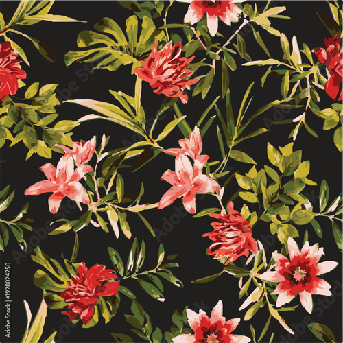 botanic seamless pattern with exotic flowers and leaves, hand drawn background. floral pattern. Tile with tropical leaf